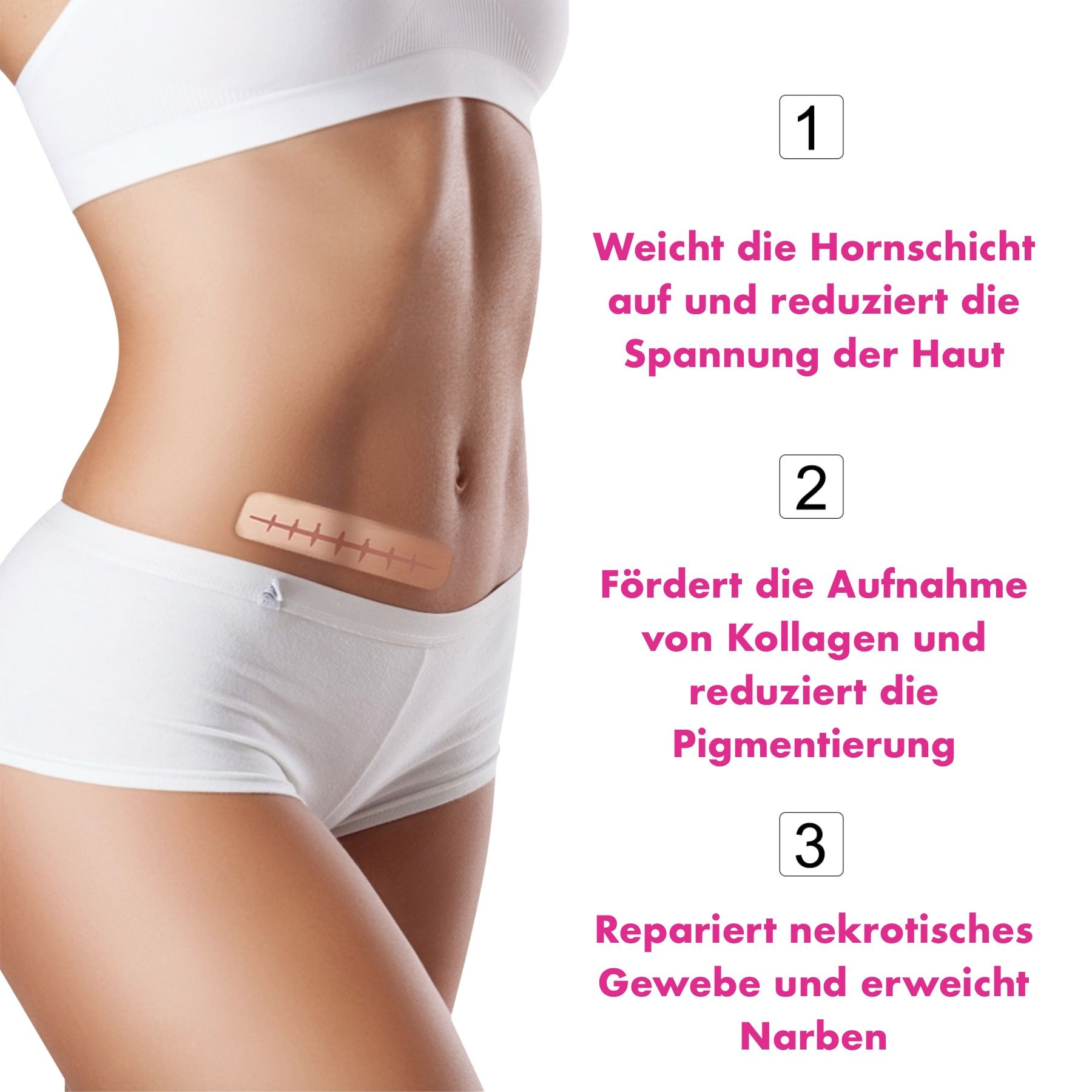Illustration: Frau mit Pflaster auf dem Bauch. 3 Schritte: Aufweichen, Kollagen fördern, nekrotisches Gewebe reparieren.