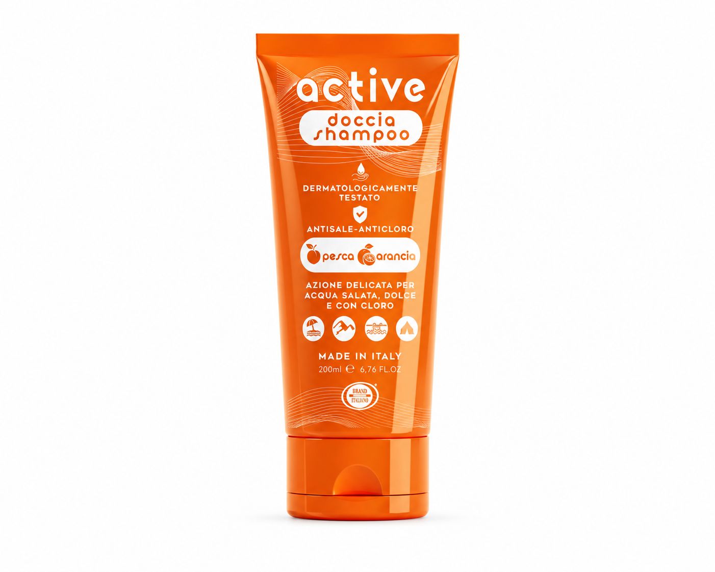 Orange Tube mit 'active doccia shampoo' Aufschrift, dermatologisch getestet, mit Pfirsich- und Orangenduft.