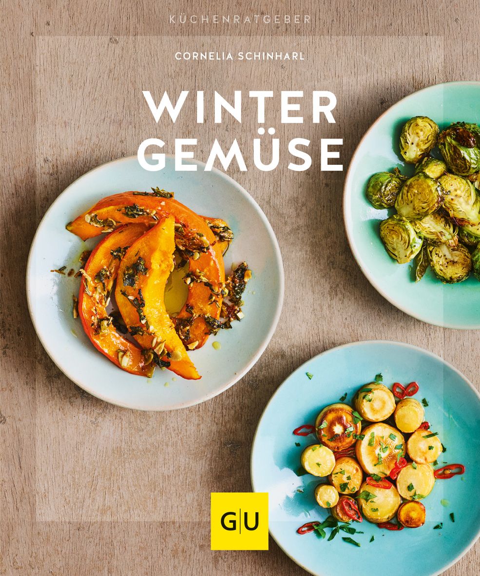 Buchcover mit Titel Wintergemüse. Auf Tellern angerichtetes Gemüse. GU-Logo unten links.