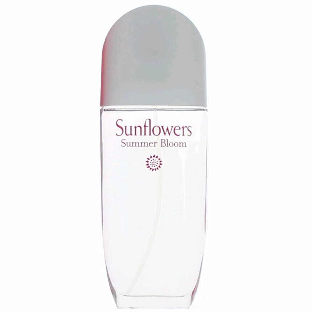 Sunflowers Summer Bloom Flakon. Transparenter Flakon mit grauem Deckel. Aufschrift: Sunflowers Summer Bloom.