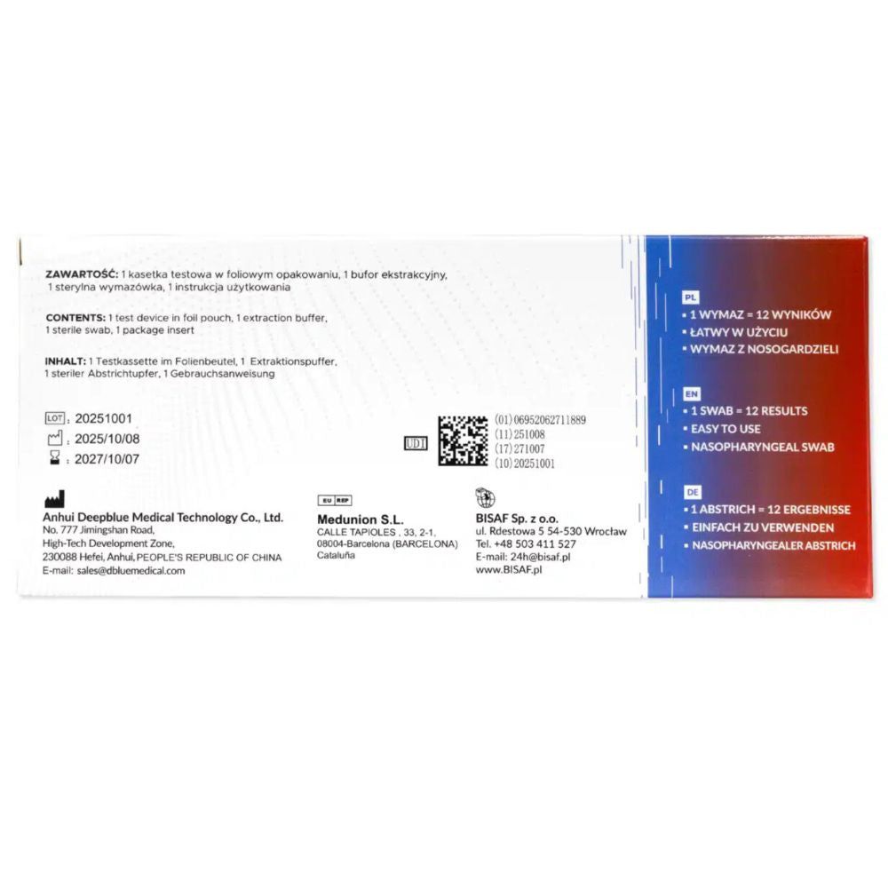 Rückseite der Testkit-Verpackung. Text: Inhalt, Inhalt, 12 Ergebnisse, einfach zu verwenden, Nasen-Rachen-Abstrich, Herstellerinformationen.