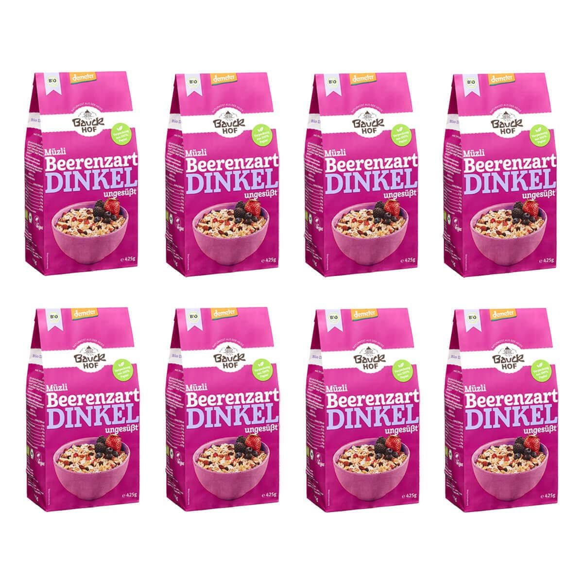 Acht Packungen Bauckhof Dinkel Müsli Beerenzart Demeter.