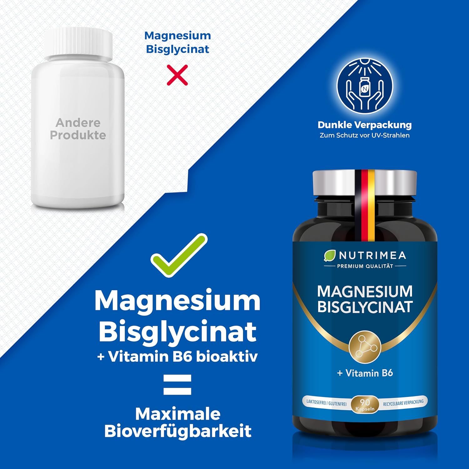Vergleich von Magnesium Bisglycinat mit Vitamin B6. Links: Andere Produkte. Rechts: Flasche Magnesium Bisglycinat + Vitamin B6.