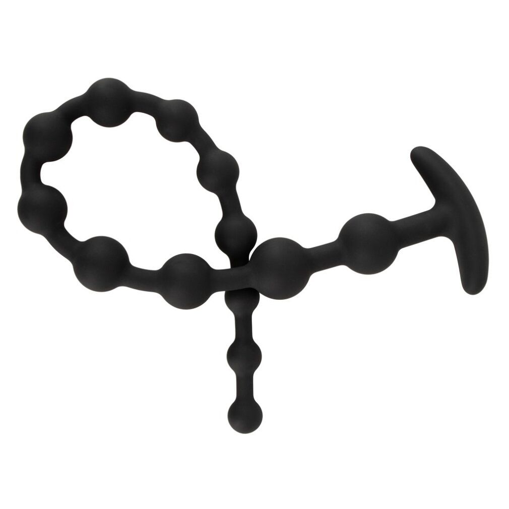 Schwarze Analperlenkette mit unterschiedlich großen Kugeln und T-förmigem Griff. Die Kette ist in sich verschlungen.