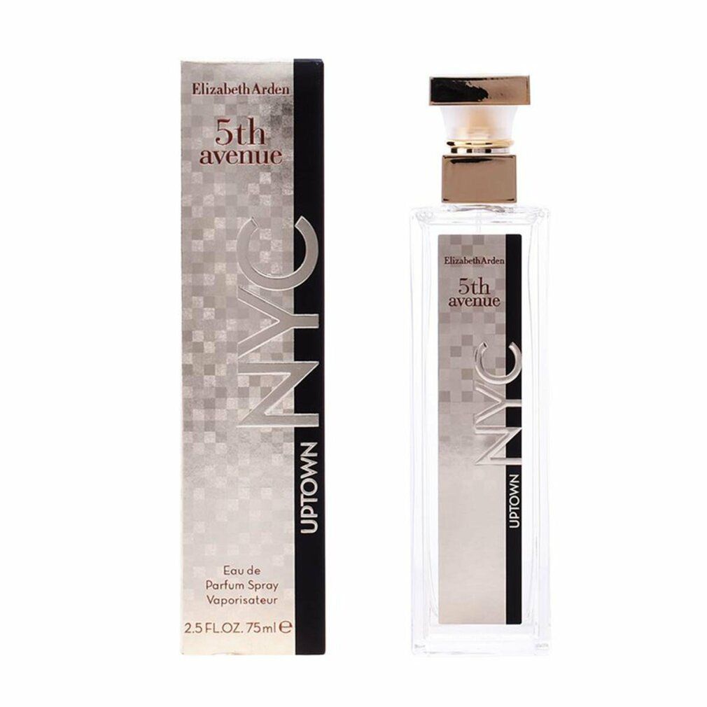 Parfümflasche und Schachtel. Aufschrift: Elizabeth Arden 5th avenue NYC Uptown. Rechteckige Flasche mit goldfarbenem Verschluss.