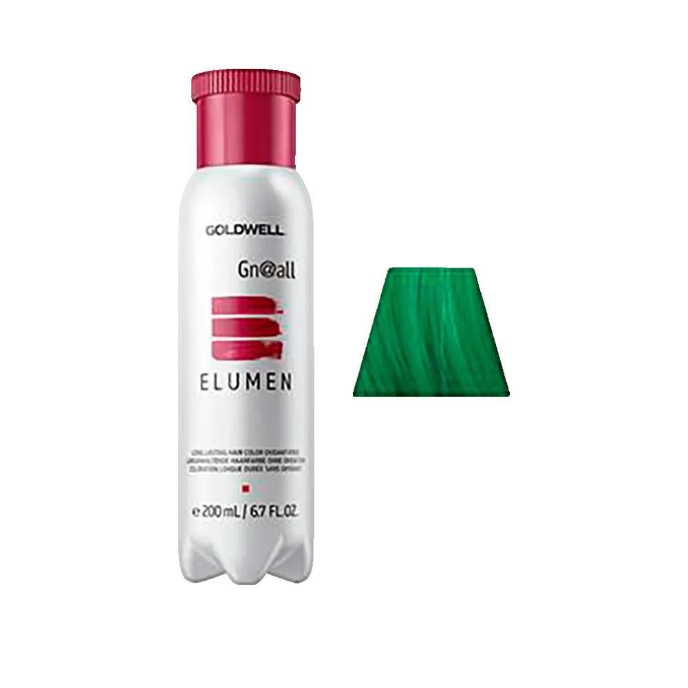 Goldwell Elumen Haarfarbe Grün. Flasche mit rotem Deckel, grüne Haarprobe. Text: Gn@all, ELUMEN, 200 ml.