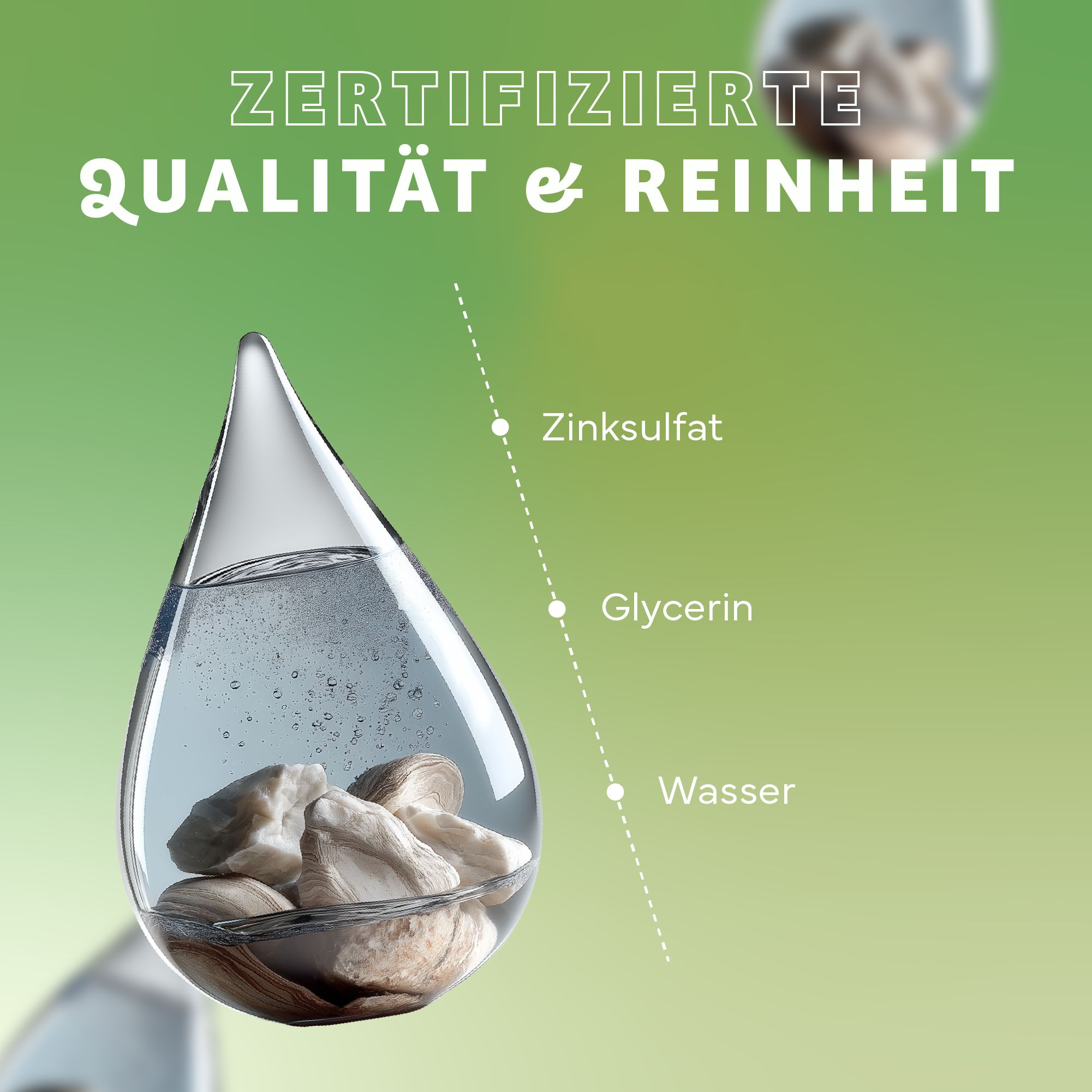 Tropfenform mit Inhaltsstoffen: Zinksulfat, Glycerin, Wasser. Text: Zertifizierte Qualität & Reinheit.