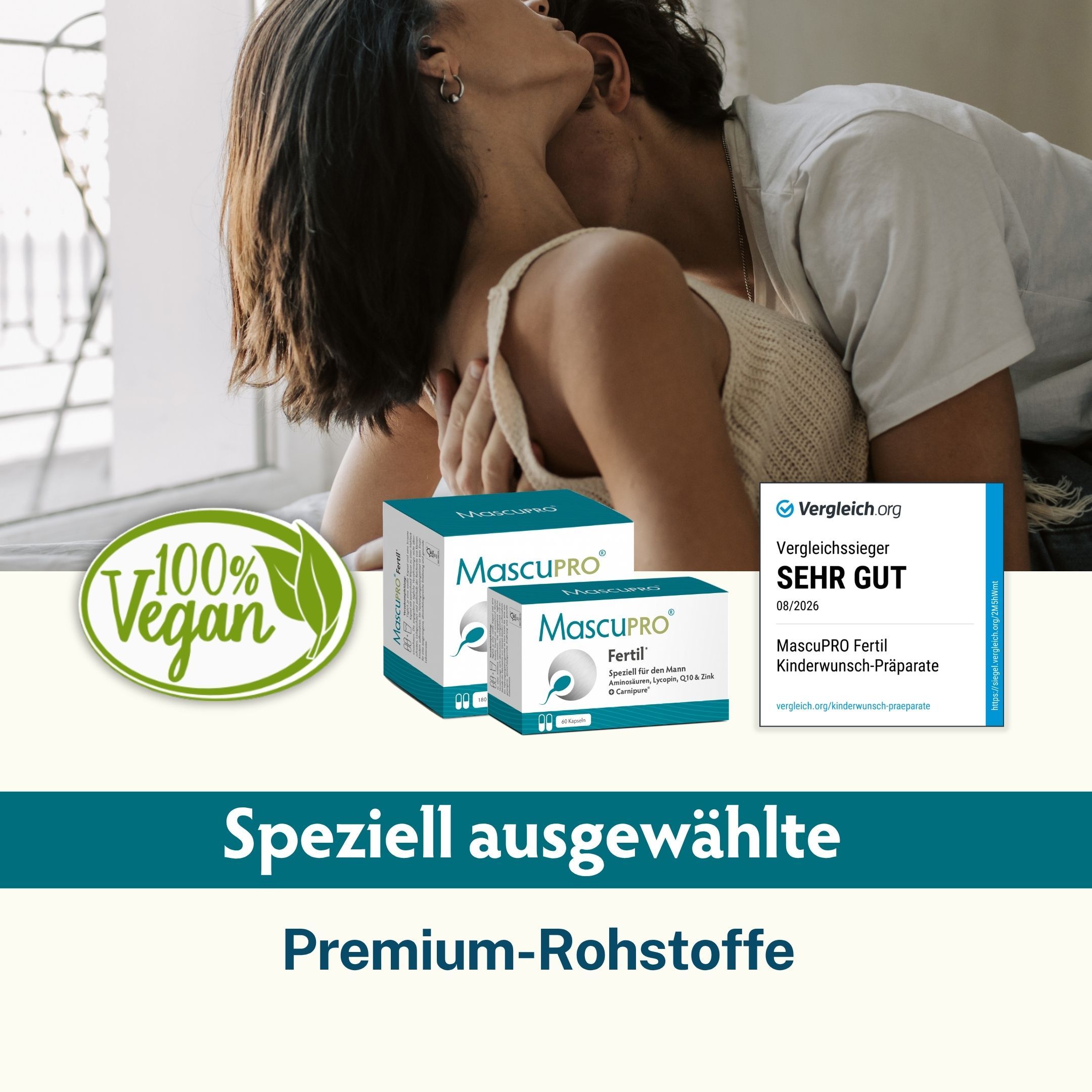 Paar umarmt sich, MascuPRO Fertilität Verpackungen, Siegel.