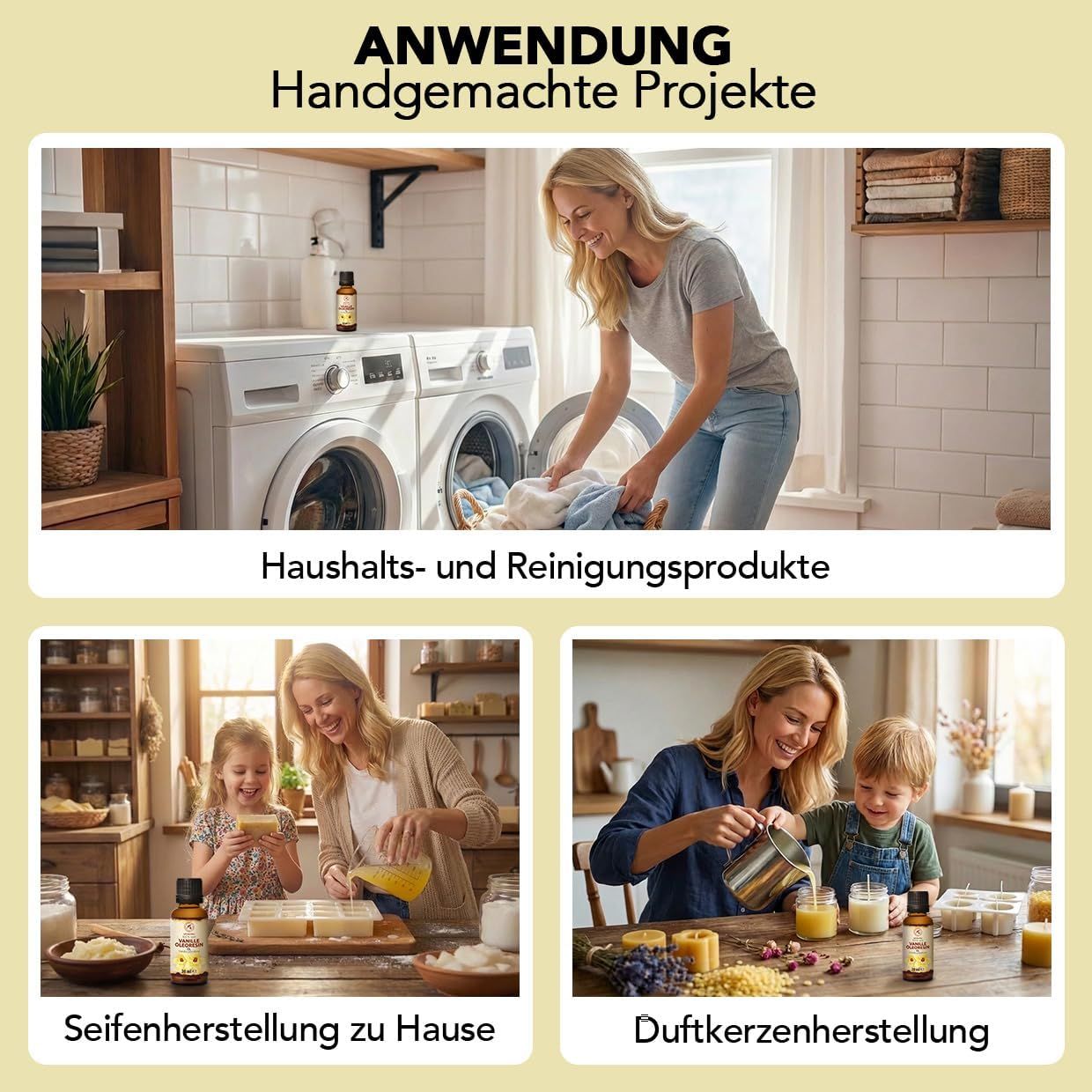 Anwendung von ätherischem Öl für handgemachte Projekte: Wäsche, Seifenherstellung, Kerzenherstellung.