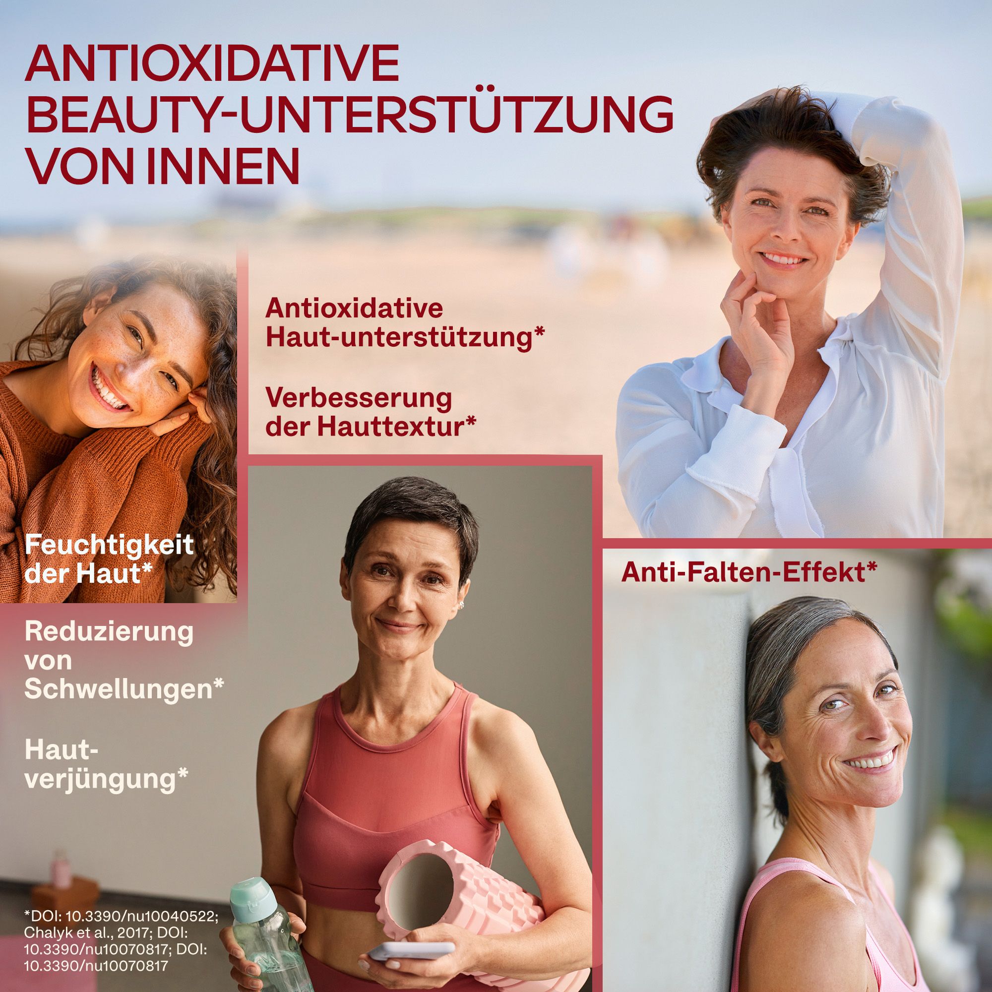Frauen lächeln, die von Aavalabs Astaxanthin profitieren: Haut, Falten.