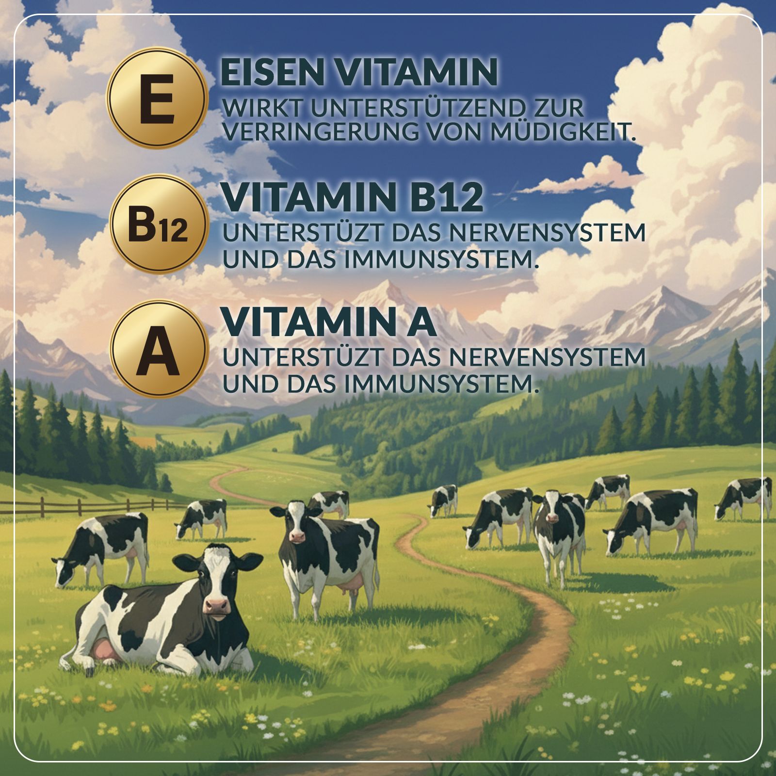 Illustration mit Kühen auf einer Wiese. Text: Eisen, Vitamin E, Vitamin B12, Vitamin A. Unterstützen das Nervensystem und Immunsystem.