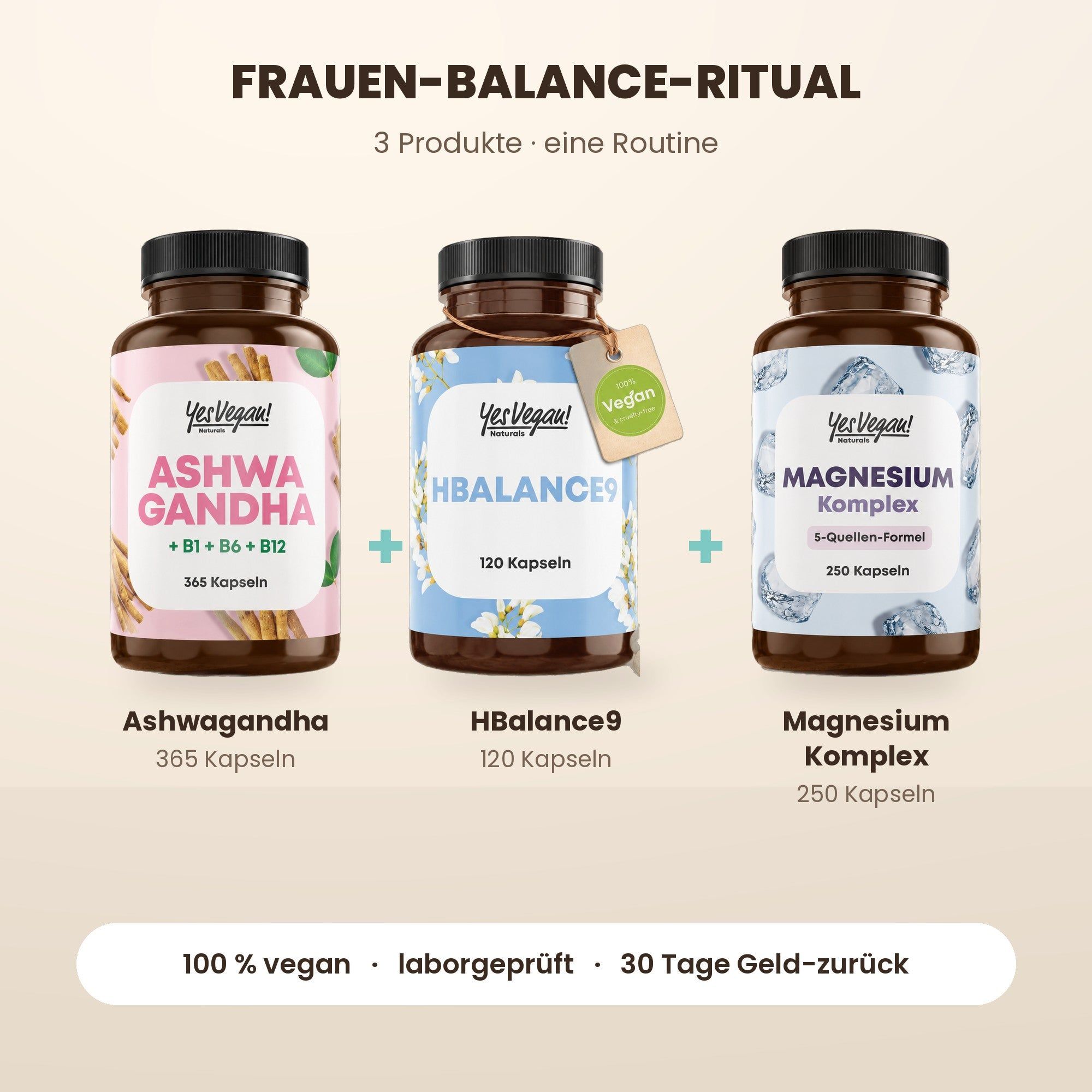 Drei Yes Vegan! Produkte: Eisen Komplex (180 Kapseln), Sun Vitamins D3+K2 (180 Kapseln) und Super Mushroom Complex (180 Kapseln).