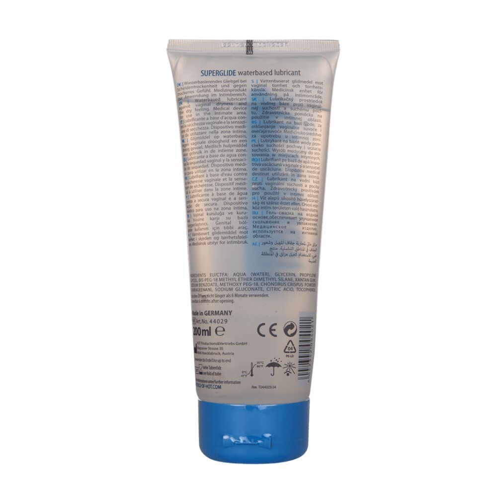 Tube mit Gleitmittel, Vorderseite mit Etikett 'SUPERGLIDE HOT', 200ml.