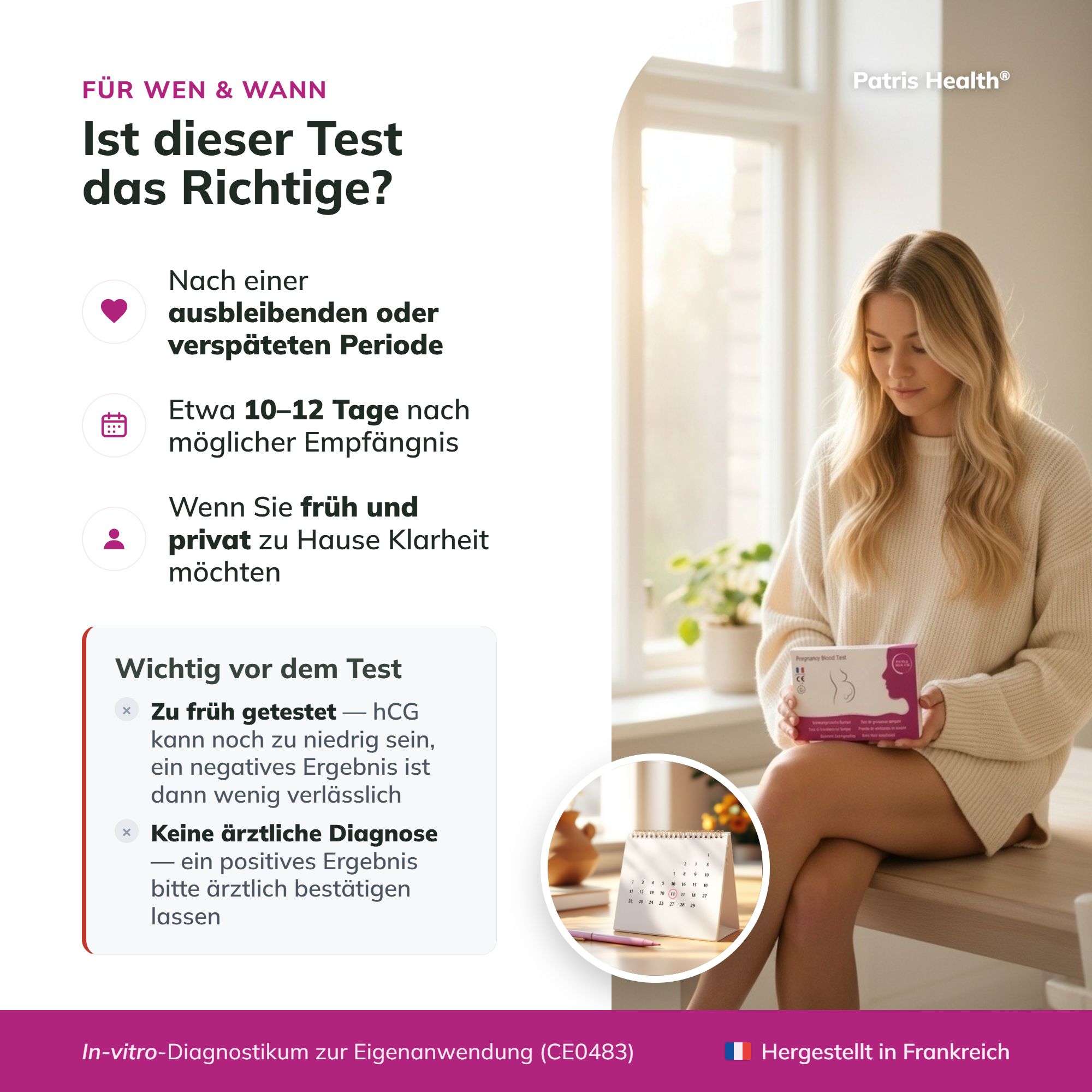 Frau mit Schwangerschaftstest-Packung, Informationen zur Anwendung.