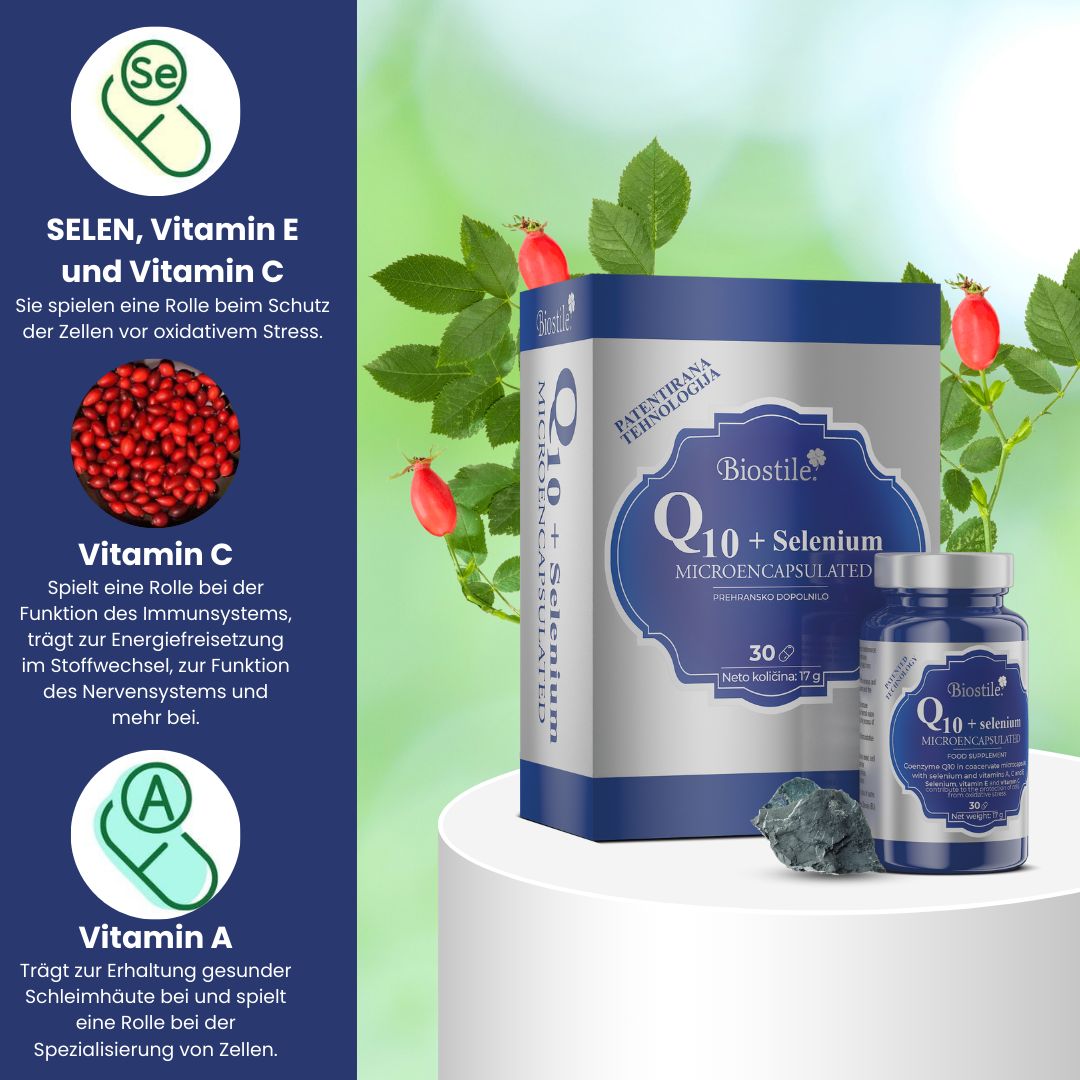 Grafiken zeigen Inhaltsstoffe: Selen, Vitamin E, C, A für Biostile BMT Q10 + Selen.