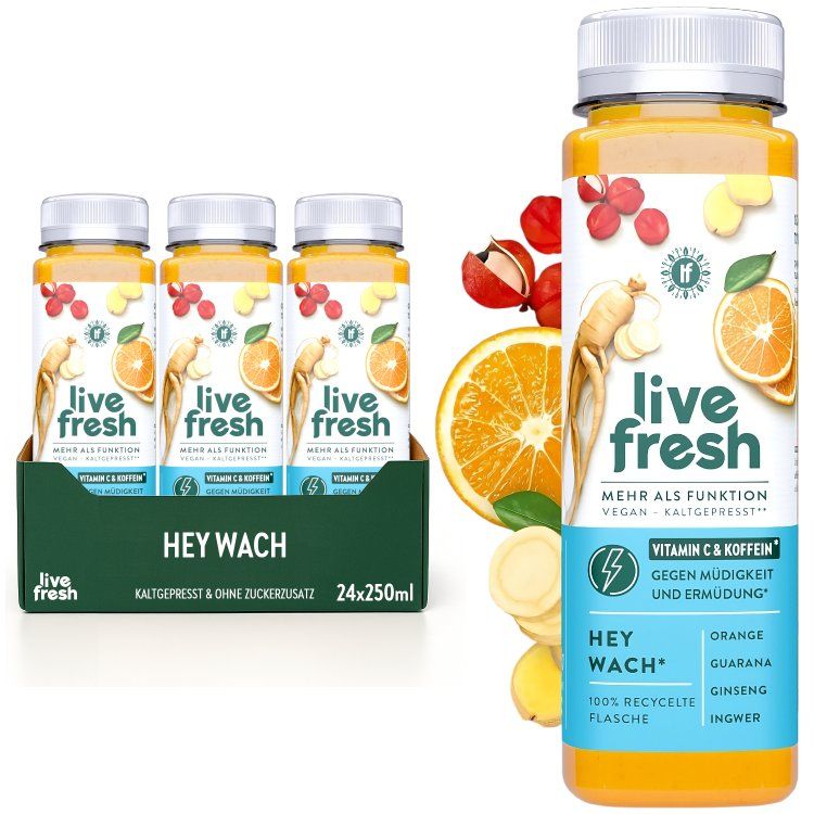 Produkt: LiveFresh Hey Wach. Flaschen mit Etikett, 24x250ml. Zutaten: Orange, Guaraná, Ginseng, Ingwer. Vitamin C & Koffein.
