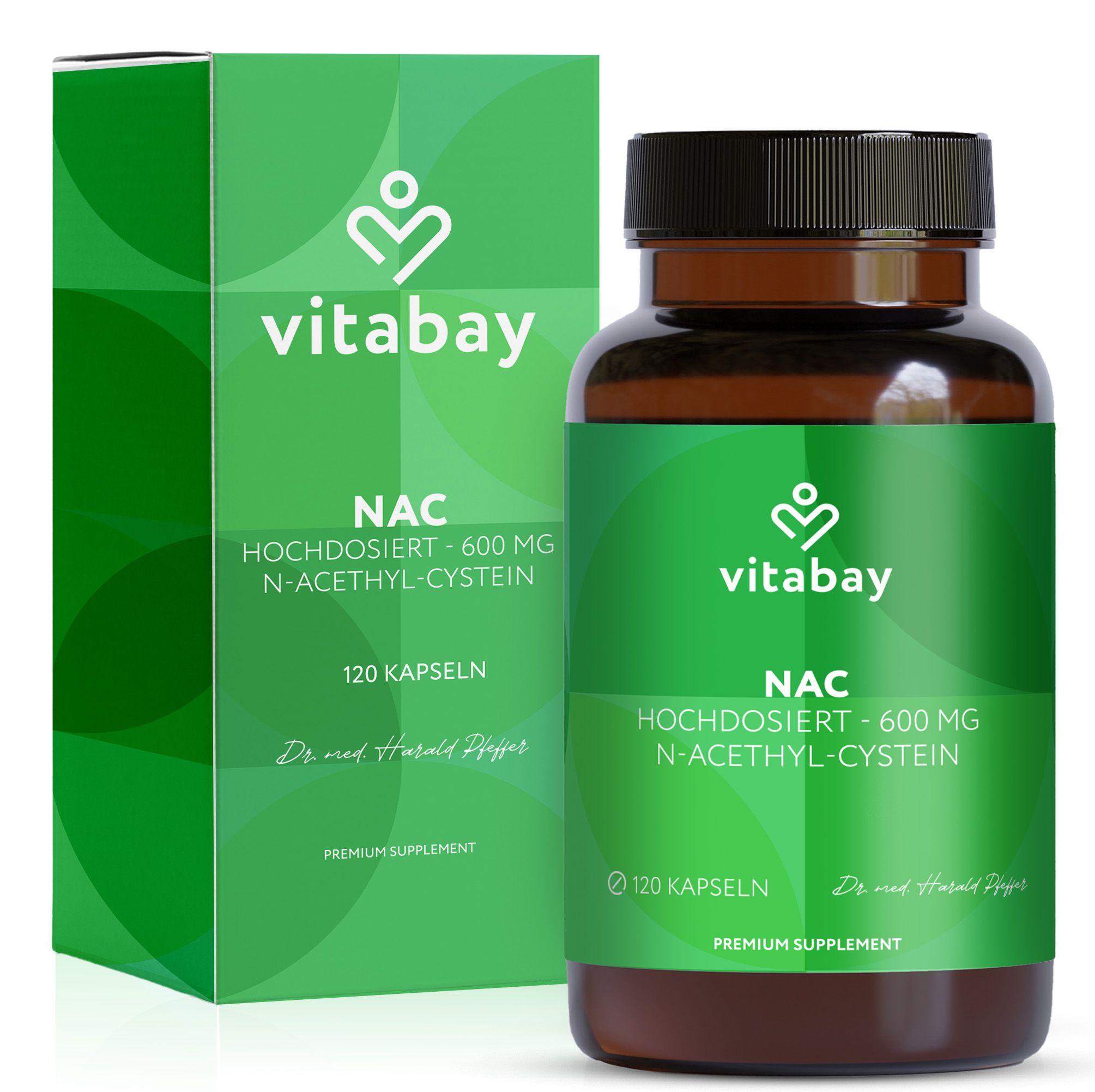 Vitabay NAC-Produktverpackung. Eine Flasche und eine Schachtel mit Produktinformationen, einschließlich des Namens, der Dosierung und der Anzahl der Kapseln.