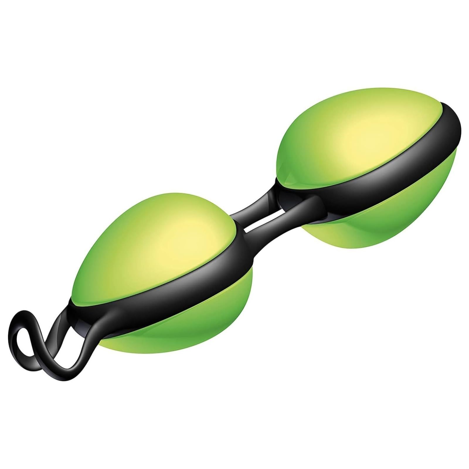 Zwei grüne Kugeln mit schwarzem Verbindungsstück und Rückholschlaufe.
