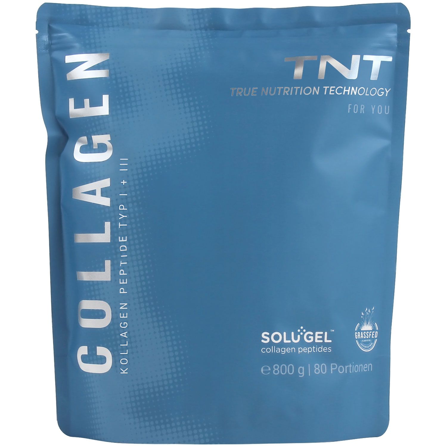 Blauer Beutel mit TNT Collagen. Schriftzug COLLAGEN, Kollagen Peptide Typ I + III. SoluGel collagen peptides. 800 g | 80 Portionen.