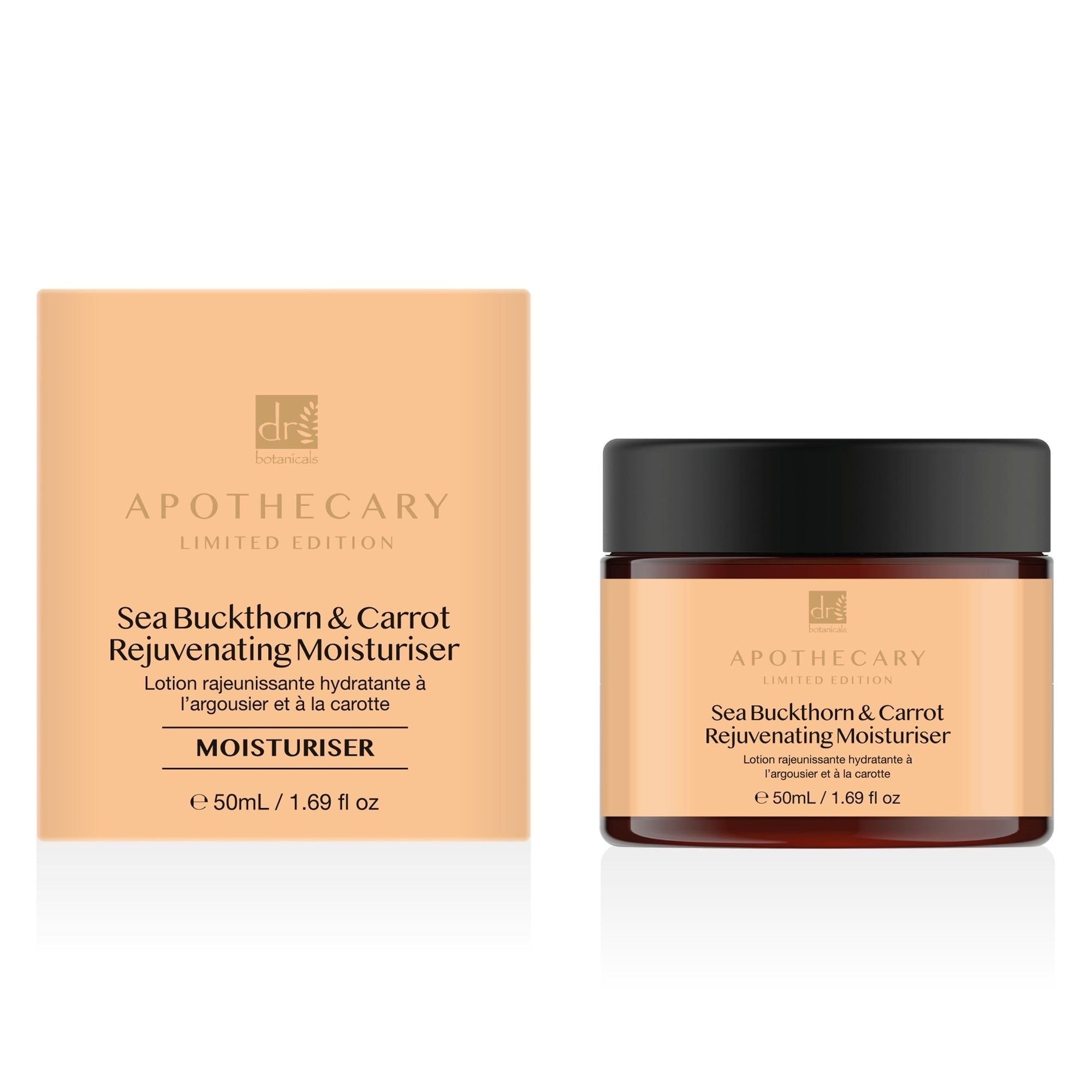 Creme-Dose und Verpackung. Aufschrift: Sea Buckthorn & Carrot Rejuvenating Moisturiser. Apothecary Limited Edition. Dose und Verpackung stehen nebeneinander.