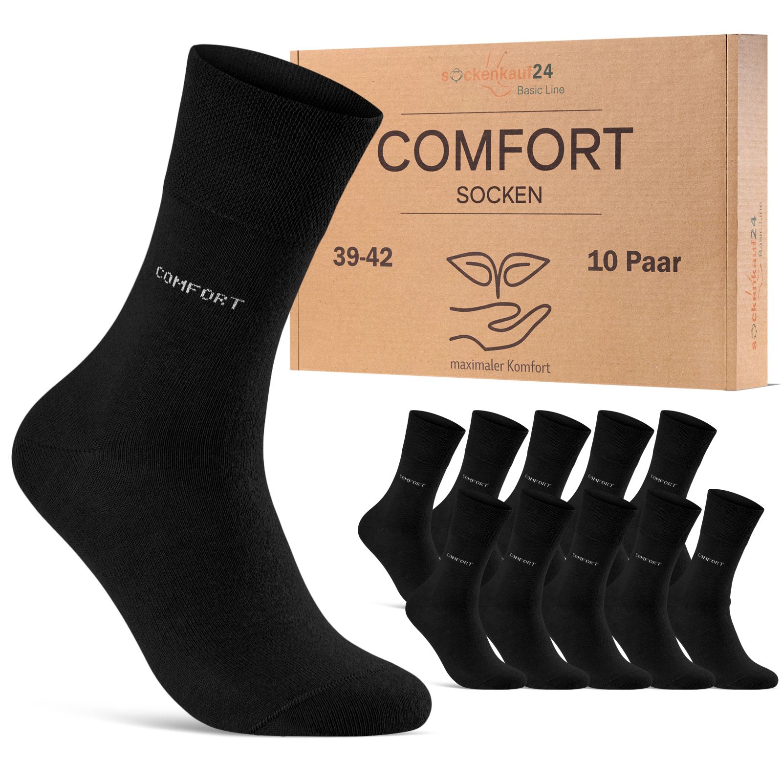 Schwarze Socken mit Komfortbund. Aufschrift "COMFORT". Verpackung mit 10 Paar. Größe 39-42. Logo "sockenkauf24".