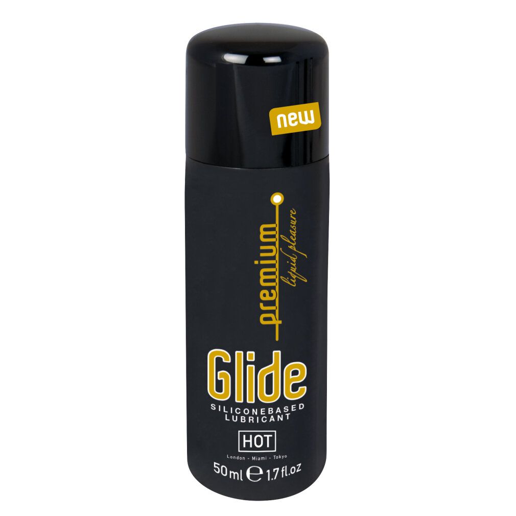 Schwarze Flasche mit gelbem Aufkleber "NEW". Aufschrift "Glide". Volumen: 50 ml.