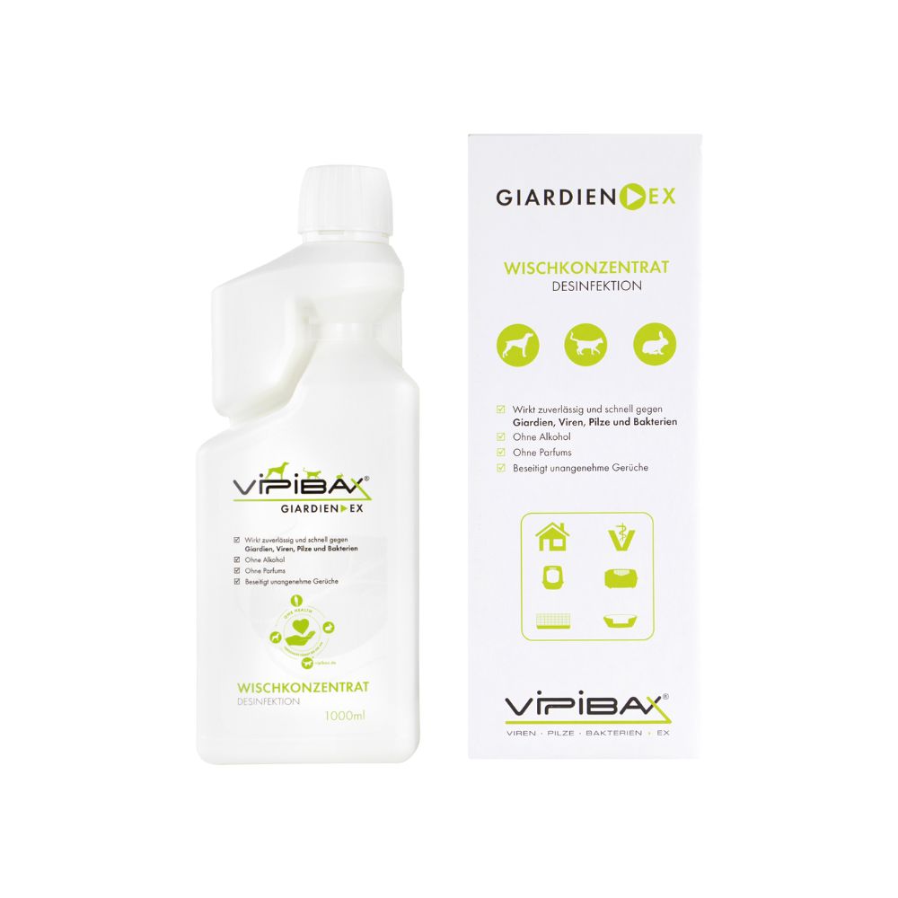 Weiße Flasche und Karton. Aufdruck: Giardien EX, Wischkonzentrat. Text: 1000ml. Karton mit Produktinformationen und Logo.