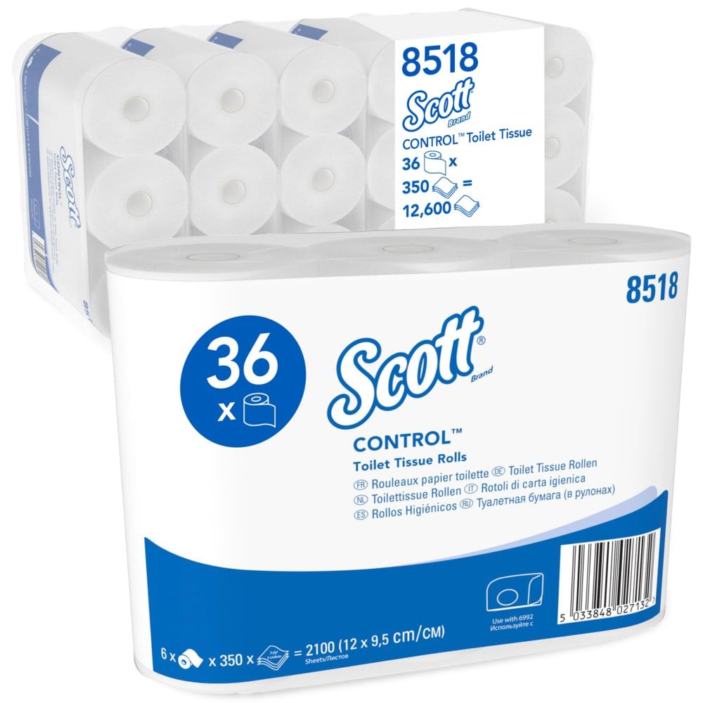 Packung mit 36 Rollen Scott® Control™ Toilettenpapier. Weiße Rollen in weißer Verpackung mit blauen Akzenten. Produktbezeichnung und Anzahl sichtbar.
