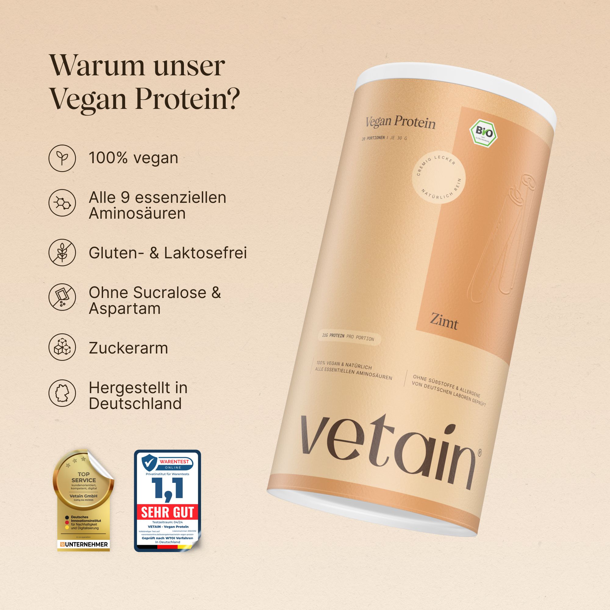 Zylindrische Dose Vetain Vegan Protein Zimt. Aufschrift: Vegan Protein, Bio-Siegel. Logos: 100% vegan, glutenfrei, zuckerarm, hergestellt in Deutschland.