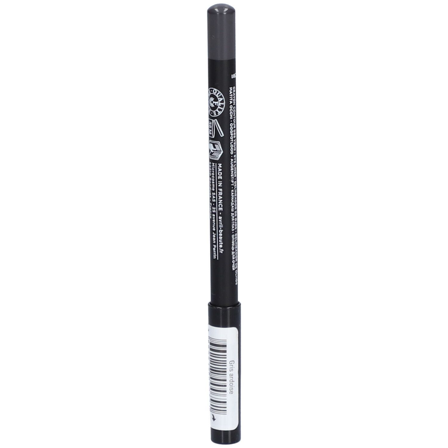 Schwarzer Augenstift mit grauer Spitze. Zertifiziert Bio. Text: Contour des yeux, Avril. Barcode.
