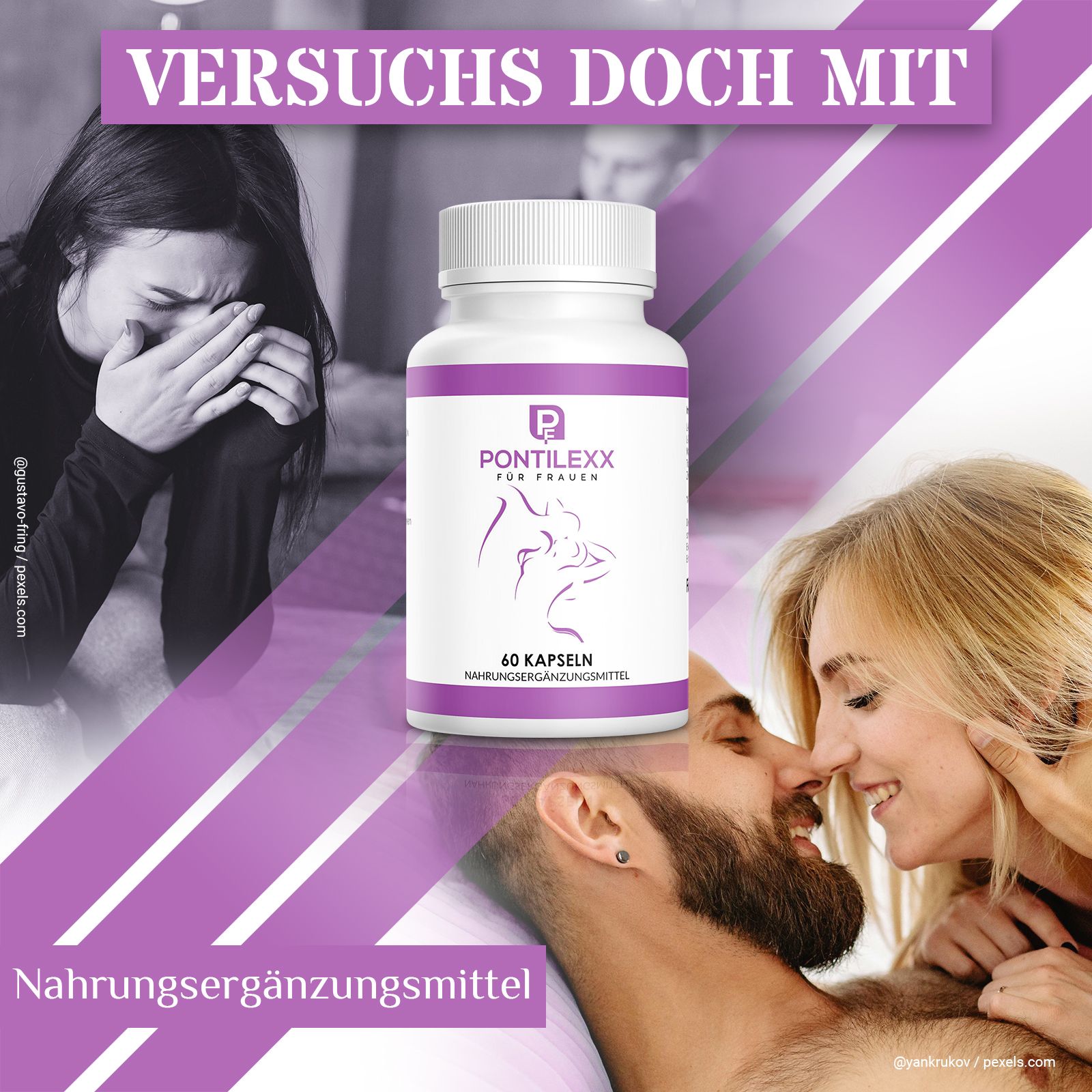 Weißes Pillenfläschchen mit lila Etikett. Aufschrift: PONTILexx für Frauen, 60 Kapseln. Nahrungsergänzungsmittel. Abbildung einer Frau.