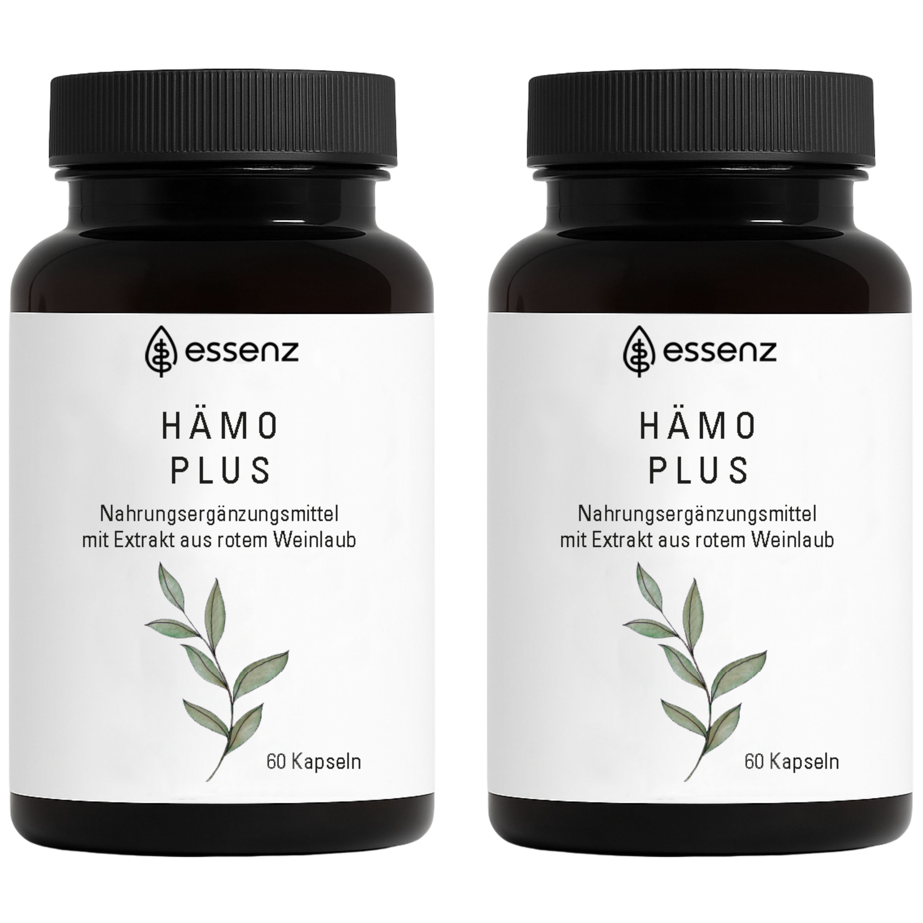 Zwei Flaschen ESSENZ Hämo Plus Kapseln mit rotem Weinlaubextrakt.