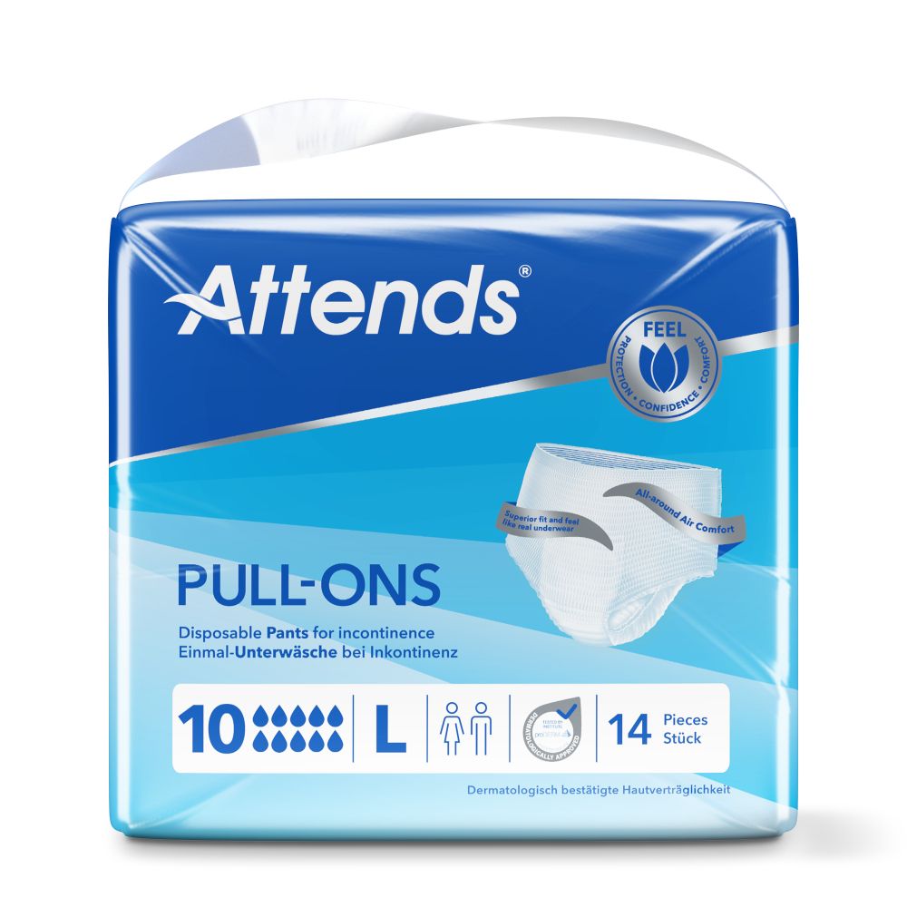 Attends Pull-Ons. Einmal-Unterwäsche für Inkontinenz. Packung mit 14 Stück. Größe L. Blaue Verpackung mit Produktabbildung.