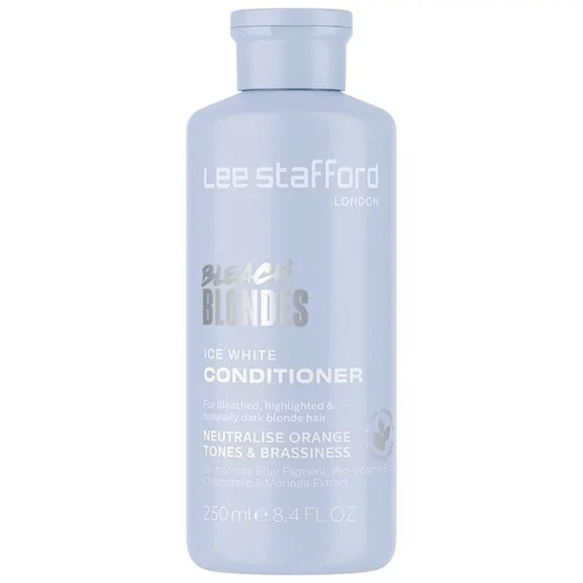 Vorderansicht der Lee Stafford Bleach Blondes Ice White Conditioner Flasche mit 250ml Angabe.