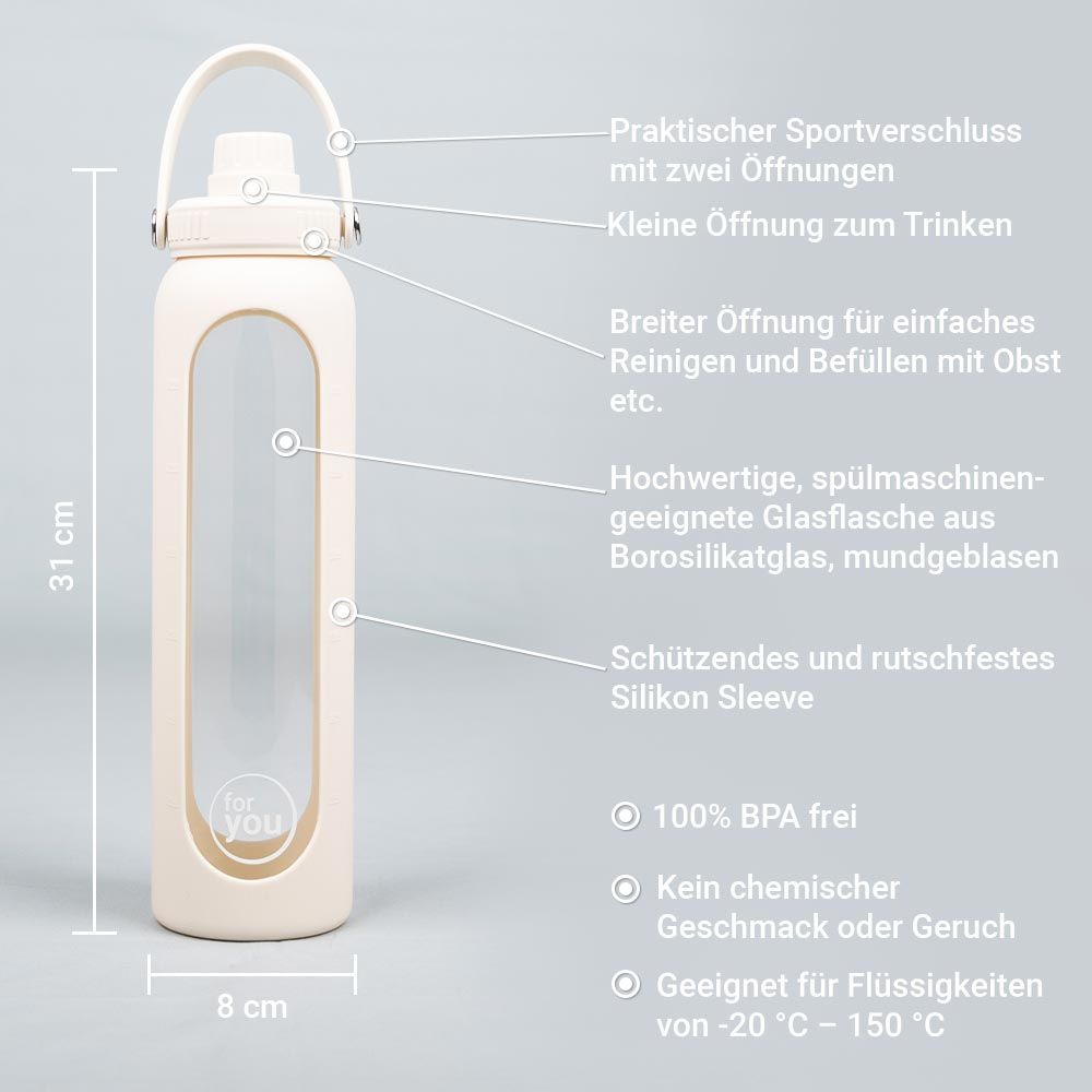 Weiße Glas-Trinkflasche mit Maßen 31 cm Höhe und 8 cm Breite. Merkmale: Sportverschluss, breite Öffnung, Borosilikatglas, Silikonhülle, BPA-frei.