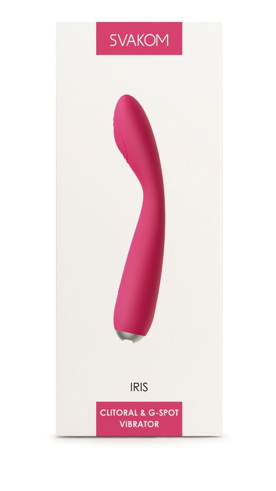 Verpackung mit rosa Vibrator. Aufschrift SVAKOM und IRIS. Produktbezeichnung.
