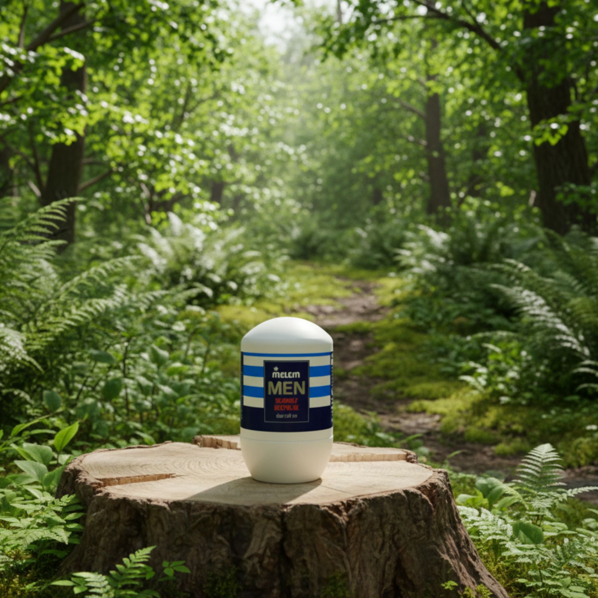 Weißer Roll-On-Deo mit blauen Streifen und Schriftzug. Auf einem Baumstumpf im Wald platziert.