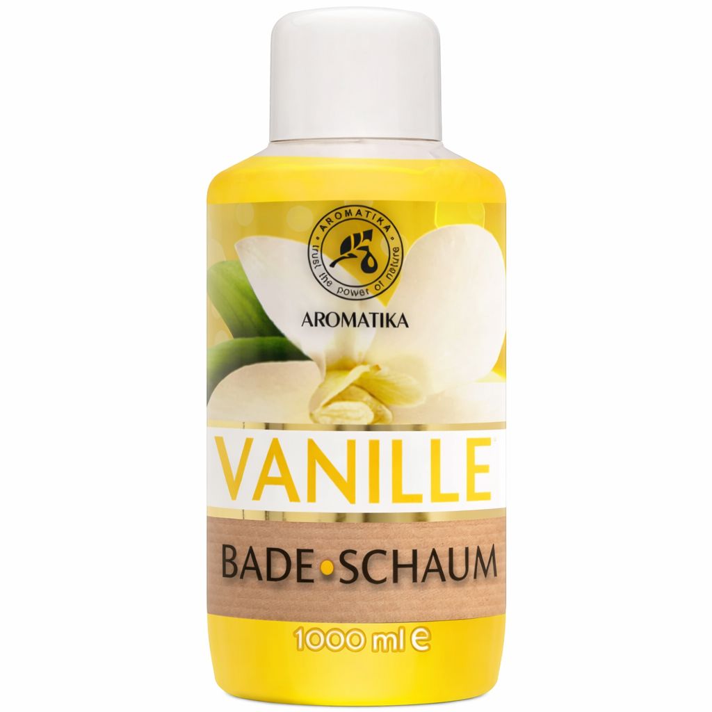 Gelbe Flasche mit weißem Deckel. Aufschrift: AROMATIKA, VANILLE BADE SCHAUM. Volumenangabe: 1000 ml.