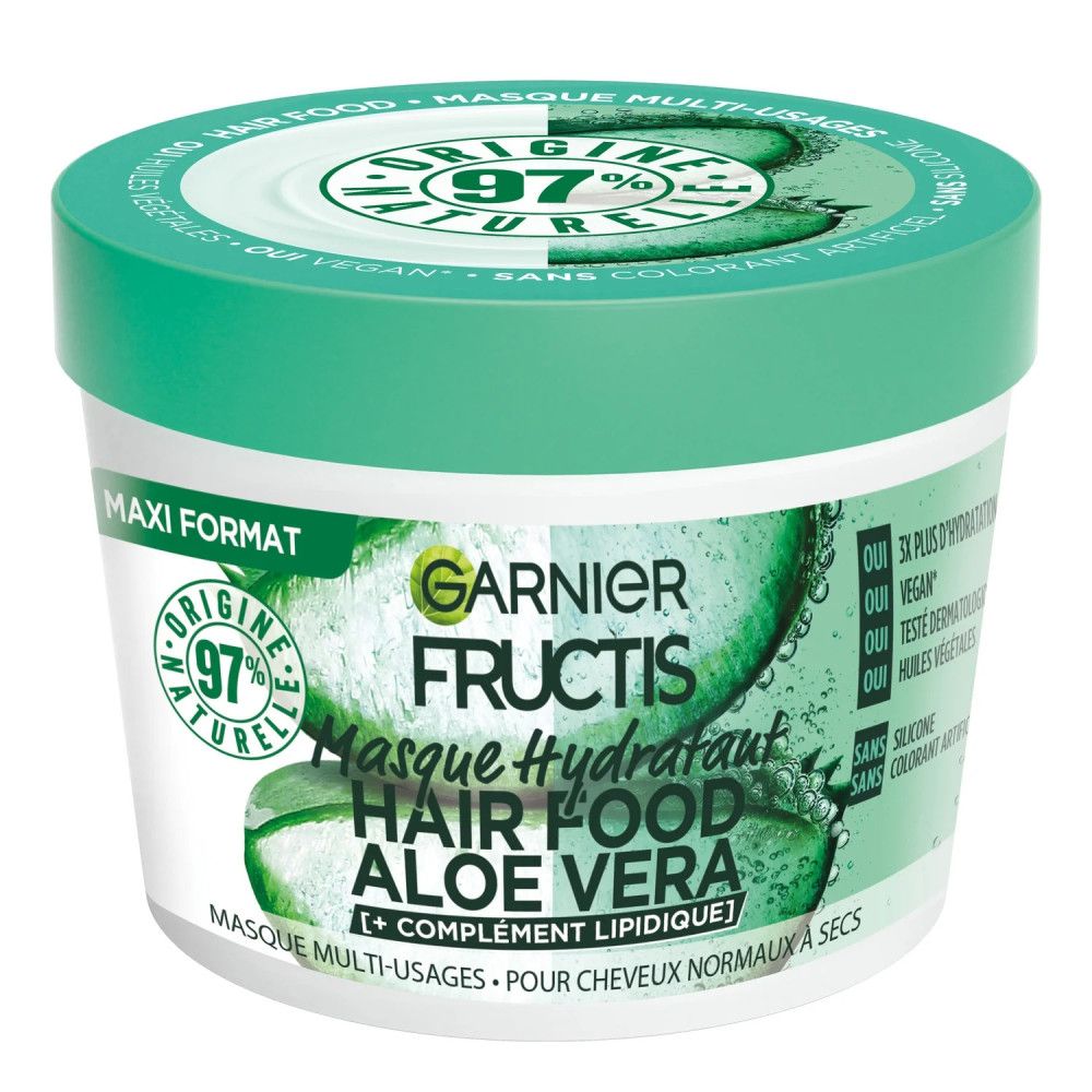Haarmaske in weißem Tiegel mit grünem Deckel. Aufschrift: Garnier Fructis Hair Food Aloe Vera. Maxi Format. 97% natürlichen Ursprungs.