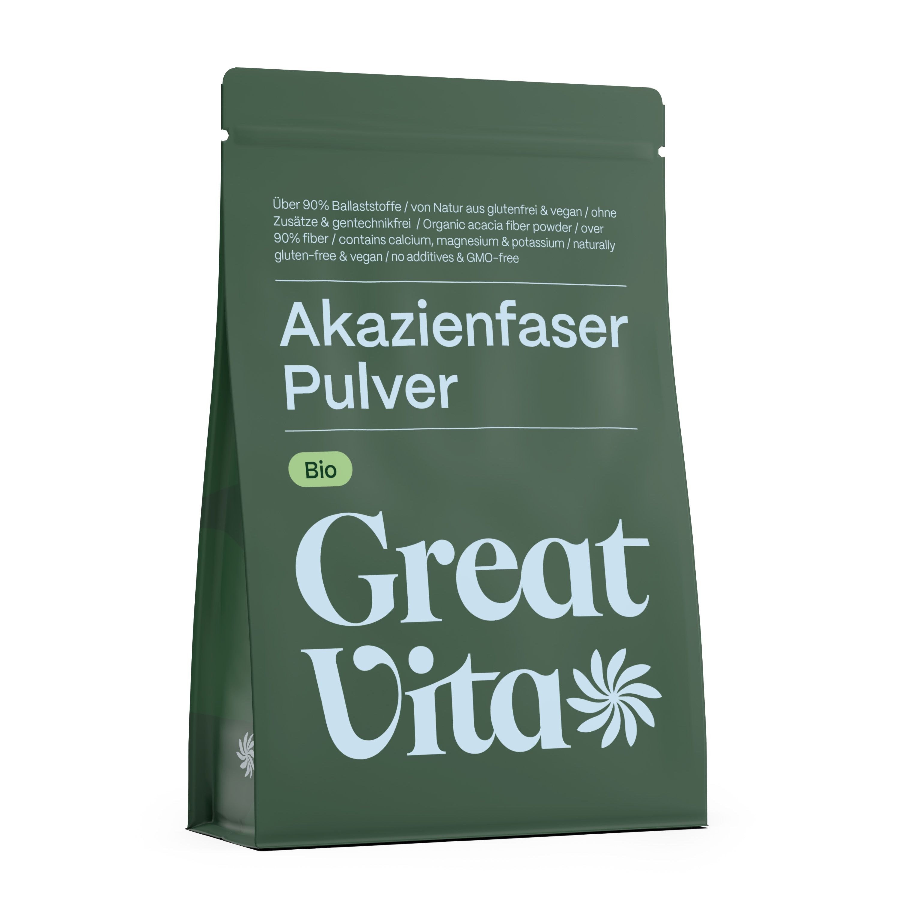 Grüne Verpackung mit Text: Akazienfaser Pulver Bio. Logo GreatVita. Text: Über 90% Ballaststoffe, glutenfrei, vegan, ohne Zusätze.