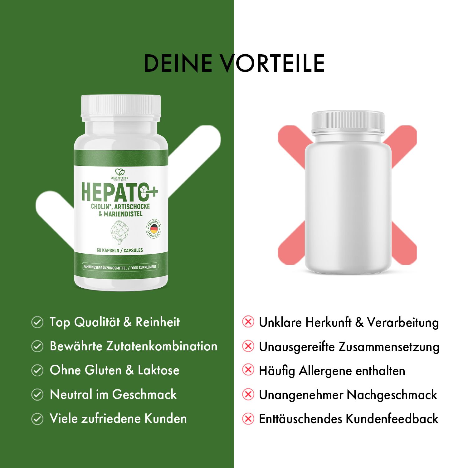 Kapsel-Dose neben Text. Text: Top Qualität & Reinheit, Bewährte Zutatenkombination, Ohne Gluten & Laktose, Neutral im Geschmack, Viele zufriedene Kunden.
