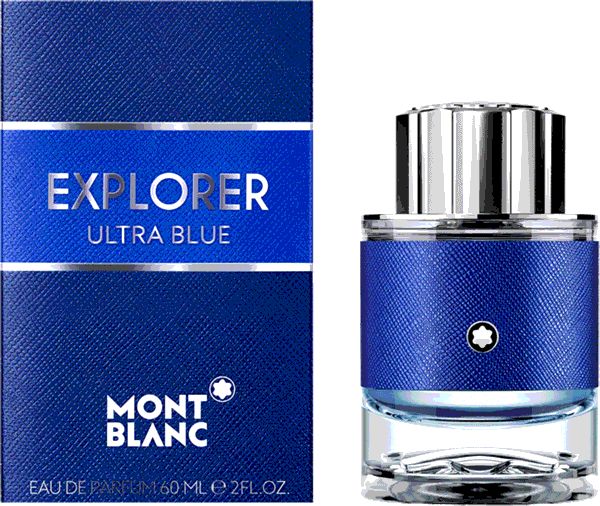 Blauer Flakon mit silbernem Deckel und blauer Verpackung. Aufschrift: EXPLORER ULTRA BLUE, MONTBLANC.