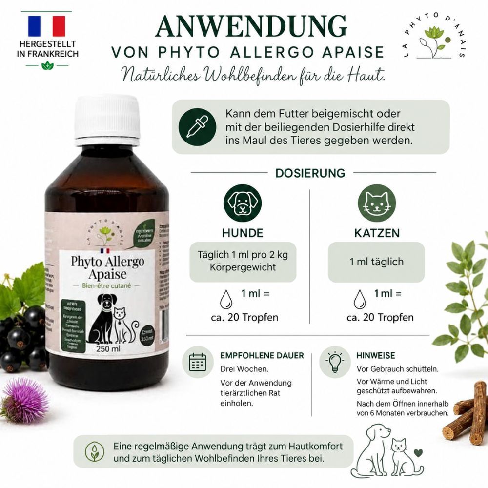 Anwendung von Phyto Allergic Apaise: Dosierung für Hunde und Katzen, Anwendungshinweise und empfohlene Dauer.