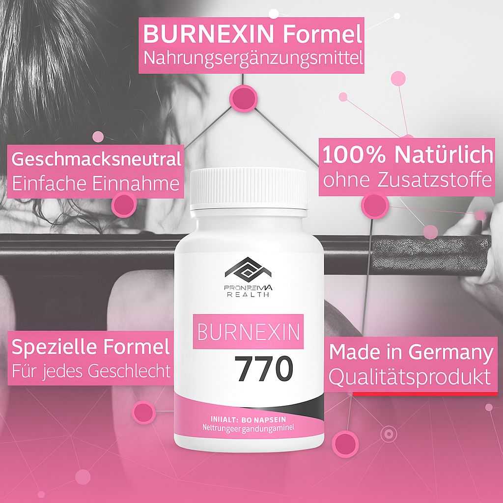 Weiße Kapsel-Dose mit rosa Etikett. Aufschrift: BURNEXIN 770, Pharma Health Logo. Zusätzliche Textfelder mit Informationen.