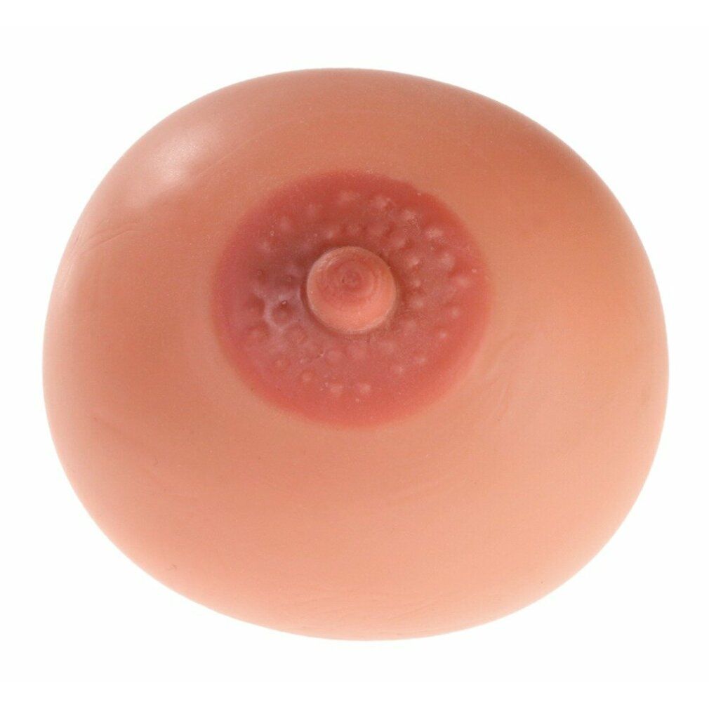 Nahaufnahme einer einzelnen Squeeze-Ball-Brust. Rosa Brustwarze. Hautfarbenes Material.