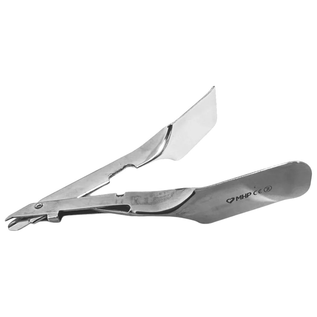 Metall Klammerentferner. MHP Logo und CE-Kennzeichnung sichtbar. Ergonomische Form mit Hebelwirkung.