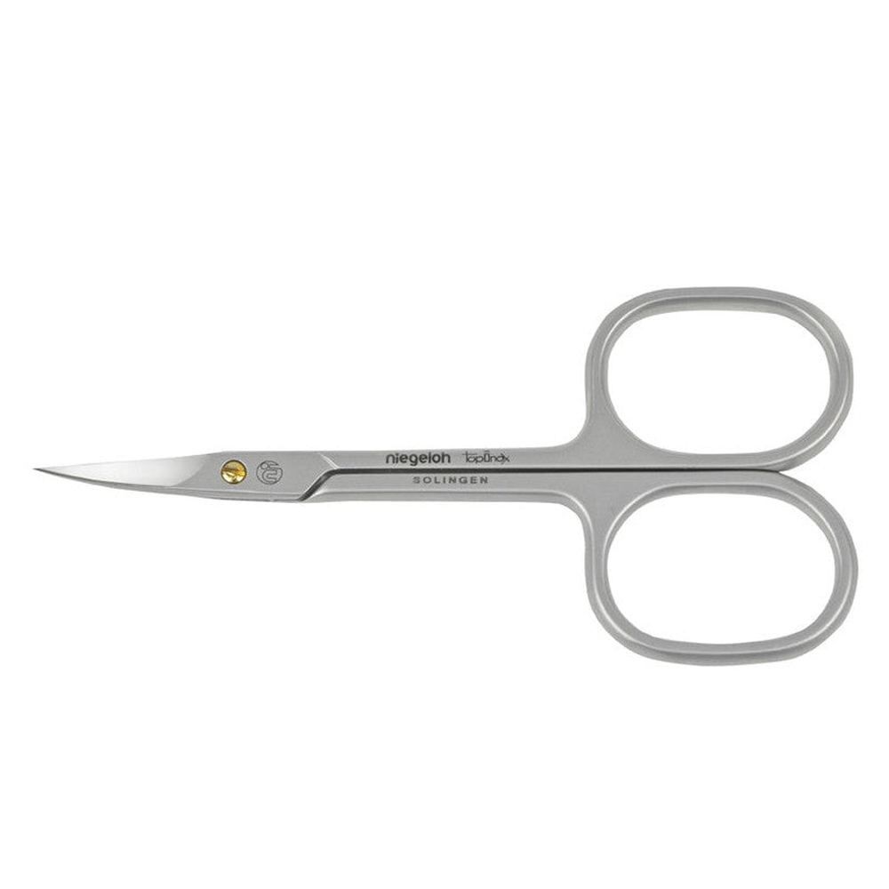Nagelhautschere aus Metall. Mit abgerundeten Griffen und spitzer Spitze. Marke Niegeloh Solingen.