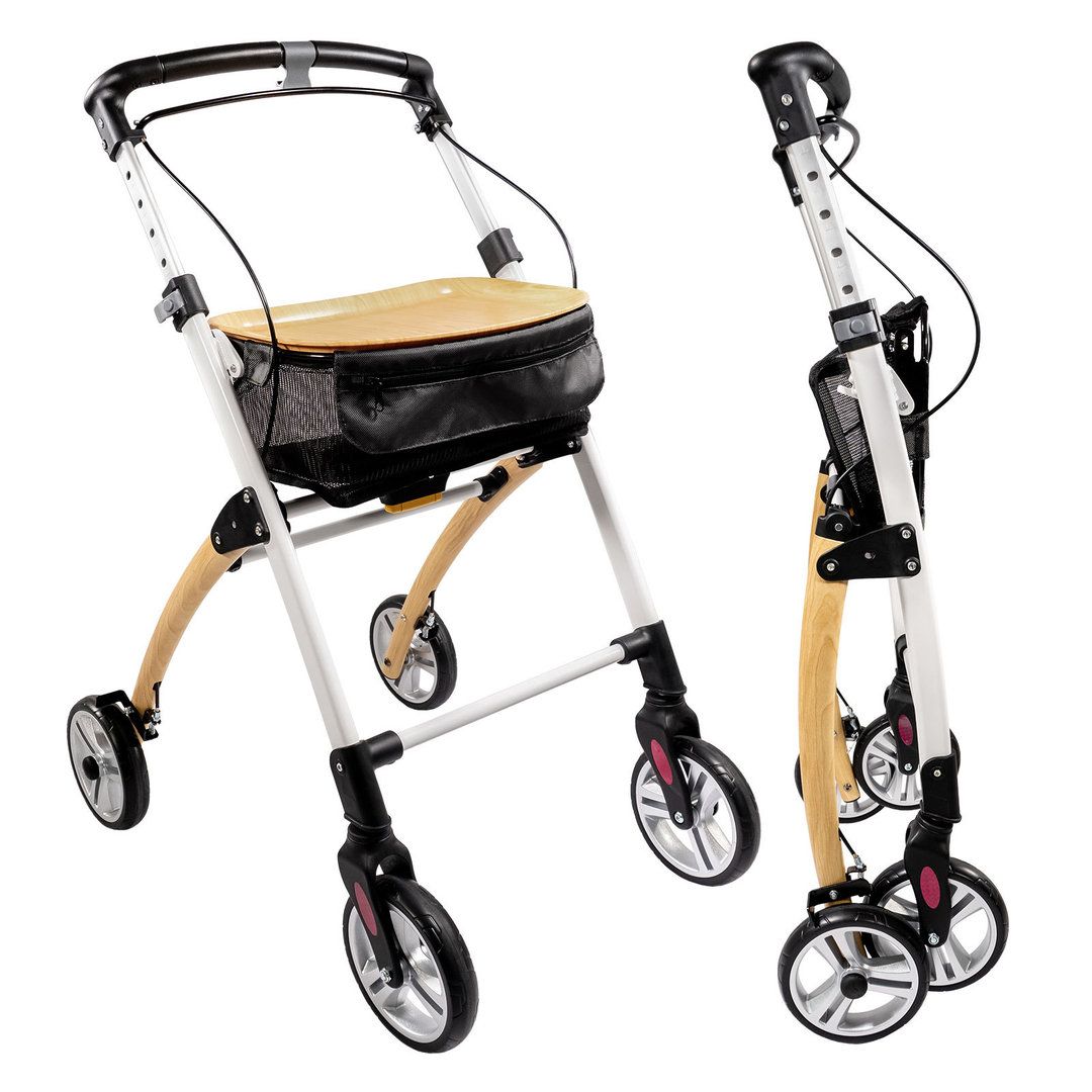Rollator mit Sitz, Holz- und Metallkonstruktion, zusammengeklappt. Vier Räder, schwarze Griffe, Korb unter dem Sitz.