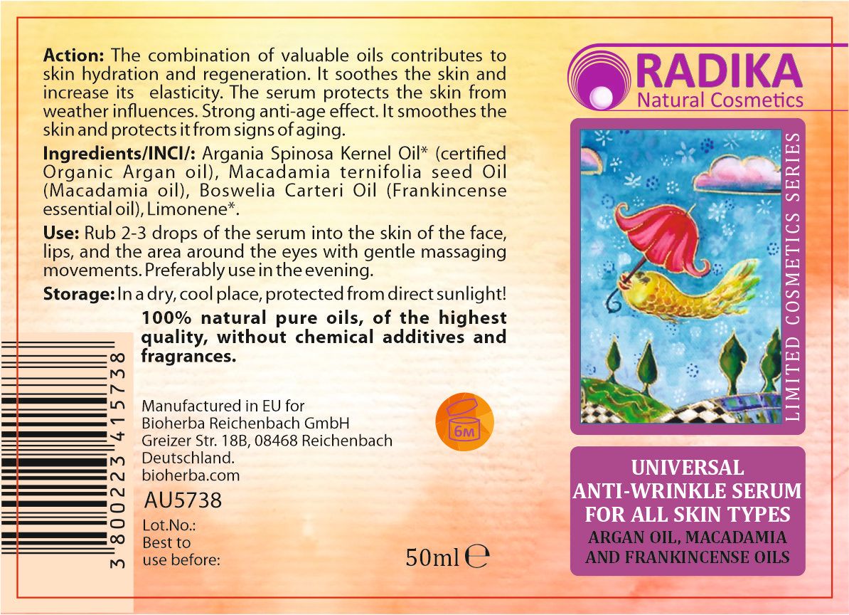 Etikett der Bioherba Universal-Serum Flasche. Enthält Text, Logo und Illustrationen. 50ml.