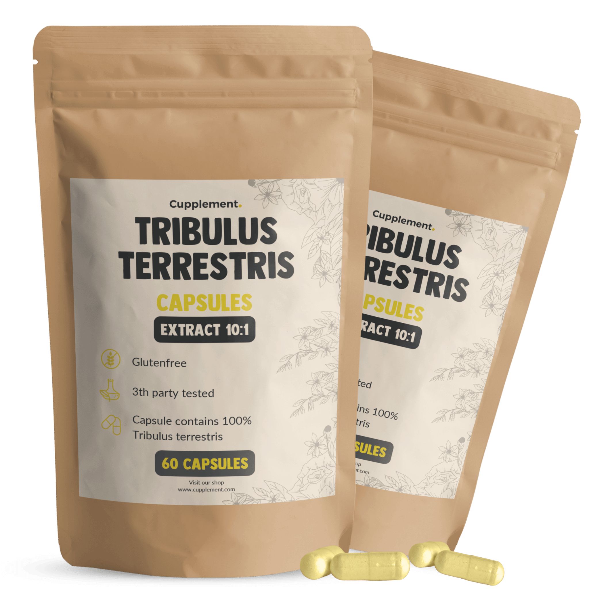Zwei Beutel mit Kapseln. Aufschrift: Tribulus Terrestris, 60 Kapseln. Glutenfrei, 3rd party tested.